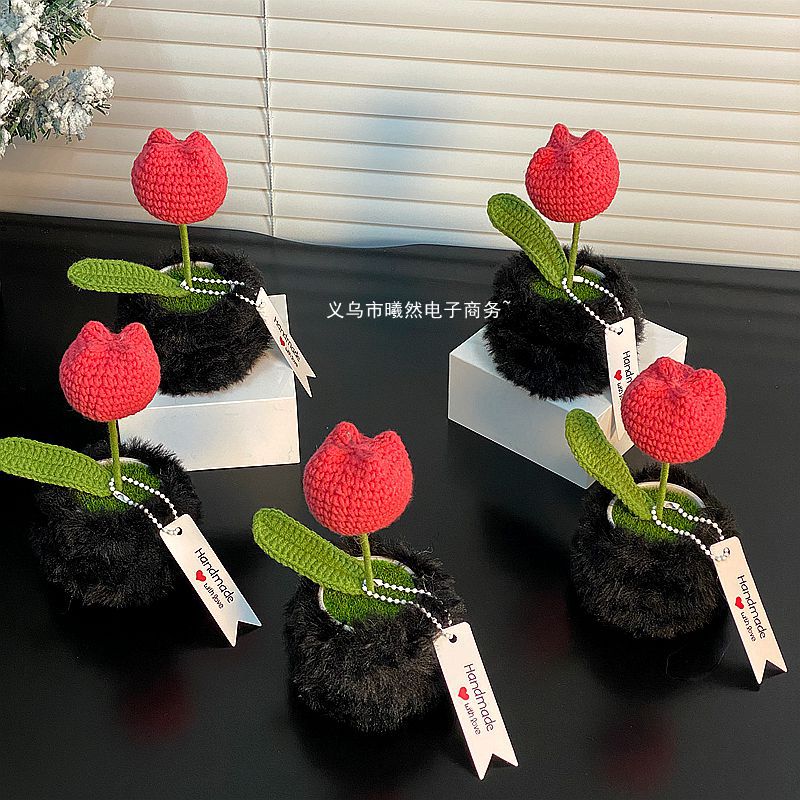 手工鈎織仿真花擺件鬱金香毛線盆栽成品桌面裝飾擺件女神節禮物