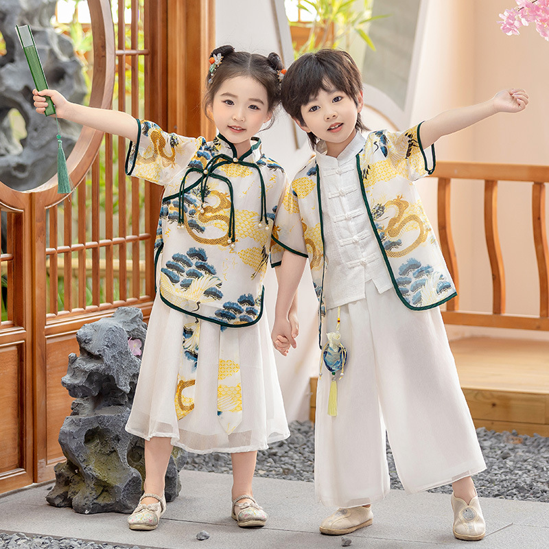Tang suit, Hanfu, ancient costume, modern Chinese performance attire, Chinese style set, for boys and girls, June 1st children's class uniform, performance dress