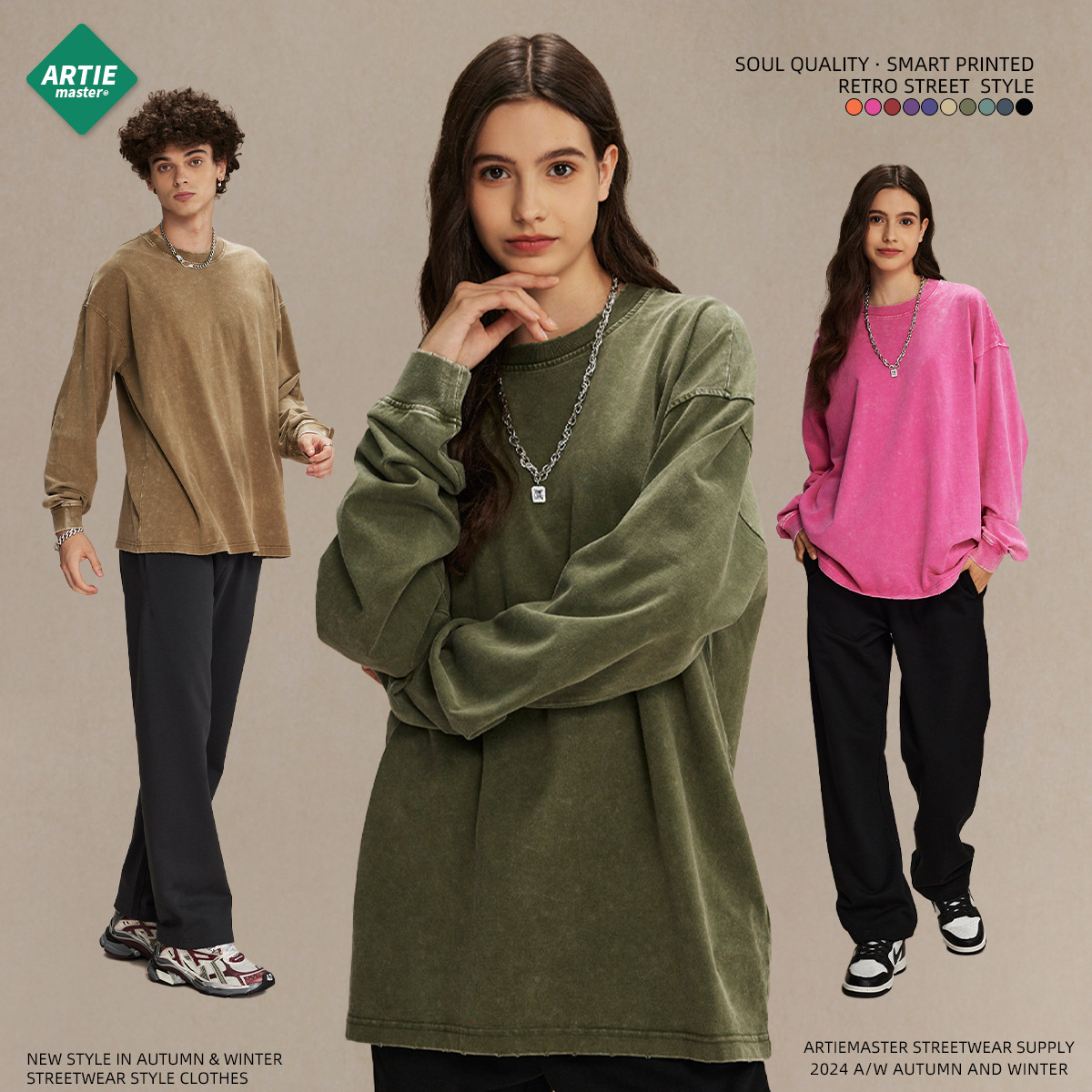 Camiseta de manga larga para hombre con cuello redondo, estilo retro batik lavado, de 275g, de la nueva colección otoño-invierno 2025 de una marca de moda, ideal para parejas.