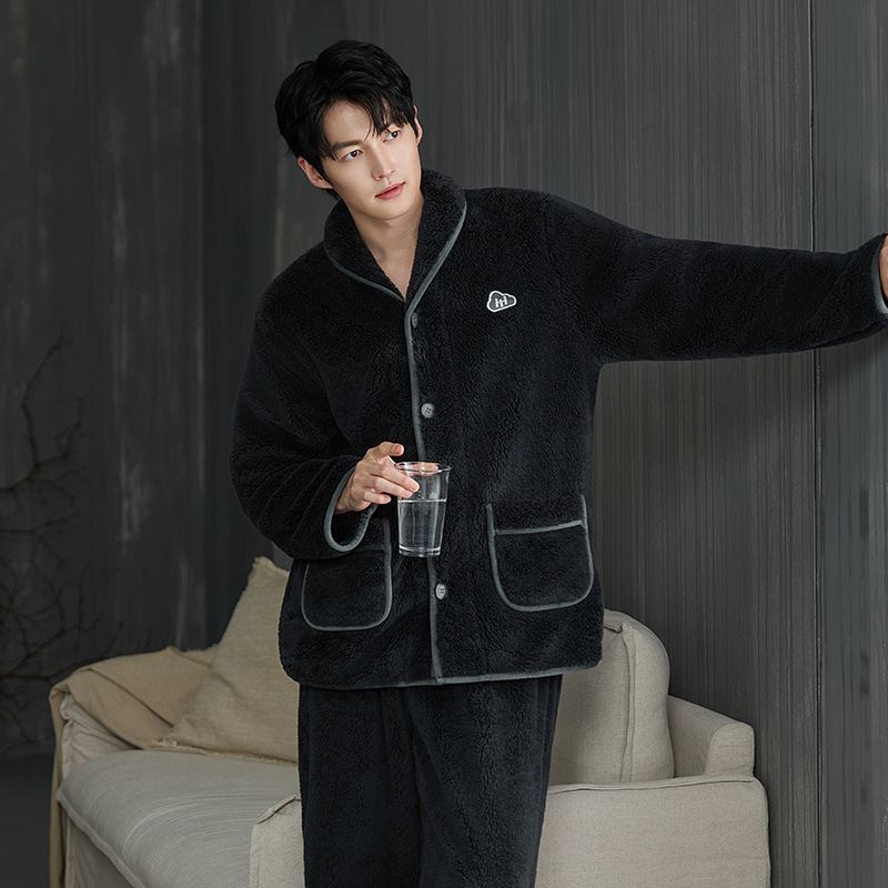 Pijama de hombre franela otoño invierno 2025 grueso calentamiento de mediana edad papá pantalones largos de mangas largas set de ropa para el hogar