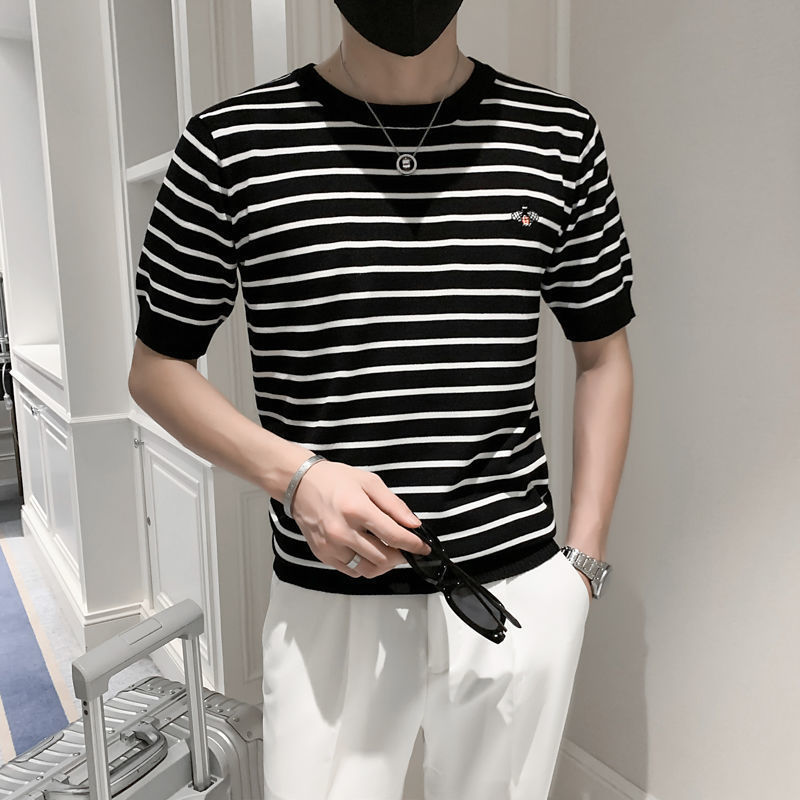 T-Shirt Stylish Striped Knitted Short-sleeved Cool Handsome Youthful Boys Super Hot New Round Neck Casual Duffy Handsome Trendy