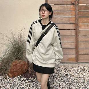 American retro sweater women's autumn and winter new side striped heavy cotton long sleeve jacket loose couple top