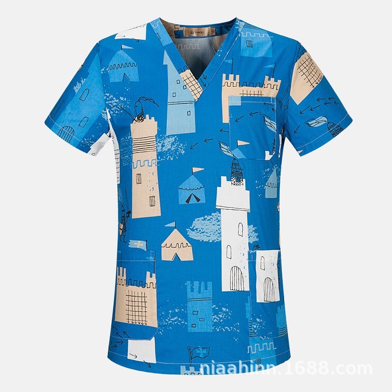 国境を越えたアマゾンの爆発的なアニメプリント看護師服女性vネック半袖tシャツ上着手術服作業服男性|undefined