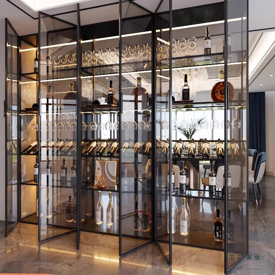 全铝合金钢化玻璃酒柜餐边隔断柜定 制家用客厅靠墙一体款展示柜