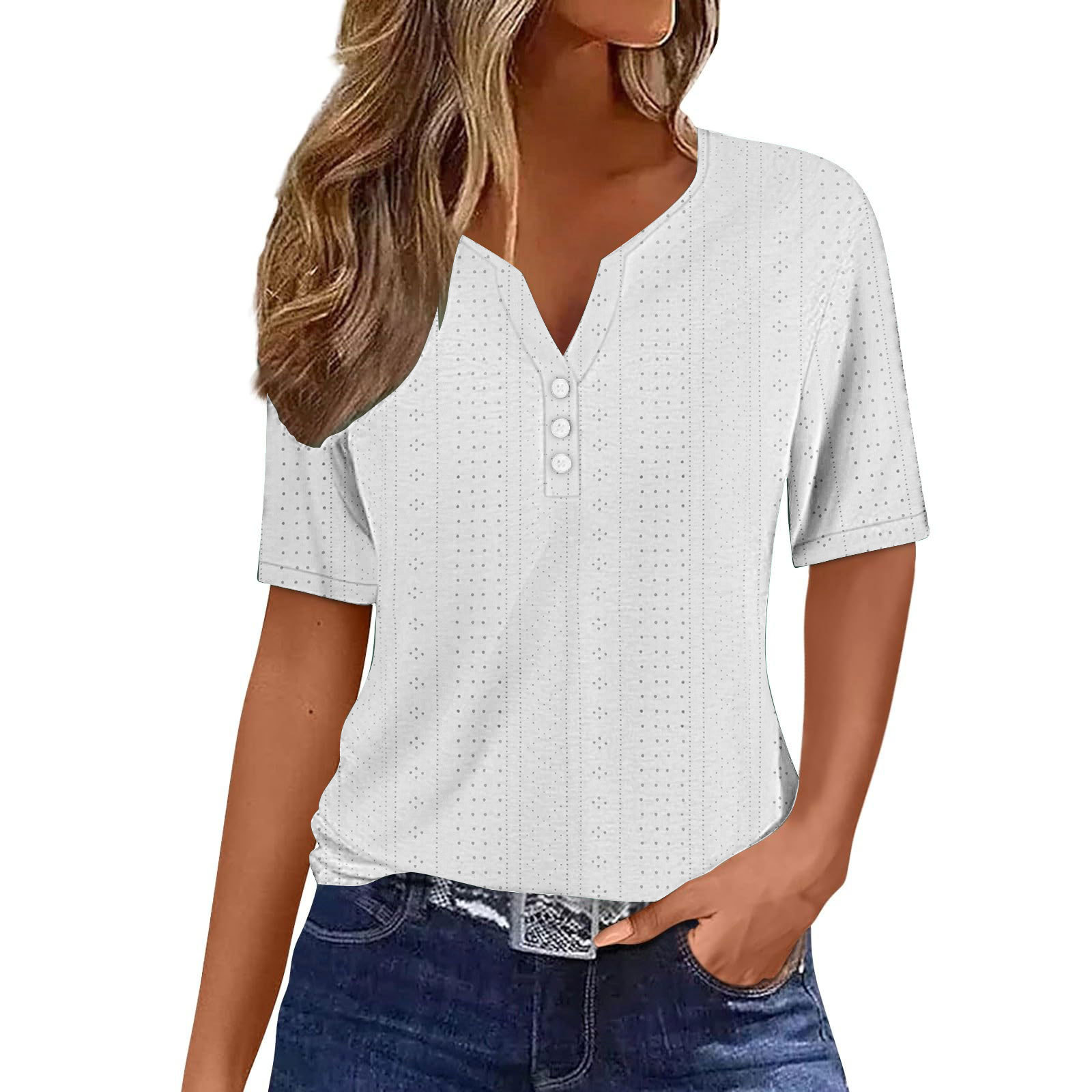 Cross-border European and American Women's Summer Top Vacation Fashion Casual Loose Comfortable V-neck Jacquard Hollow Short-sleeved T-shirt 2