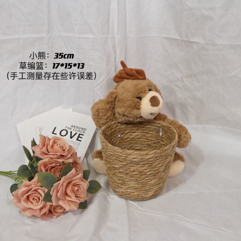 クマハグバケツ栗花束フラワー DIY 手作り誕生日ホリデーギフトわらフラワーアレンジメントフラワーバスケットハグベア|undefined