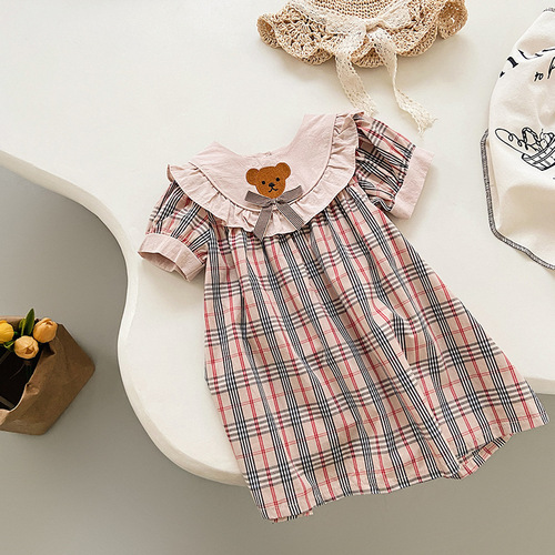 Bear Embroidery Grid Children's Dress 2024 Summer New Moss Edge Girls' Baby Dress Short Sleeve Dress