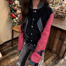 kiko粉色棒球服限定粉袖拼接休闲毛呢短款夹克Cleanfit潮