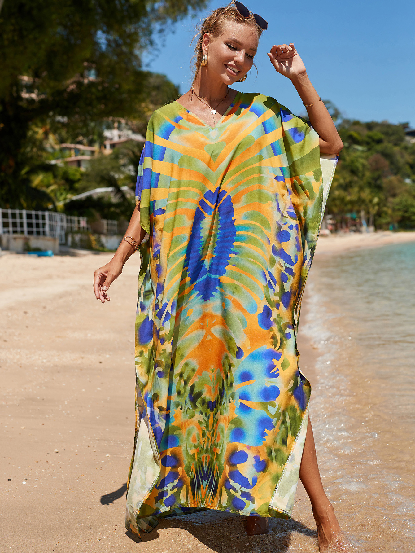 printed loose short sleeve v neck slit beach outdoor cover-up-Multicolor NSMUX131415