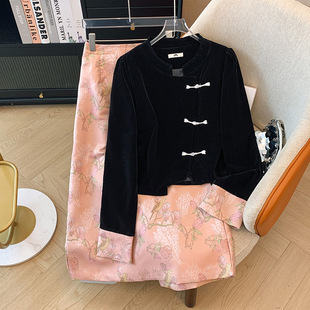 300 Jin plus size Women's chubby girl Slant Placket Button Short Jacket Jacquard Skirt New Chinese suit Late Autumn New