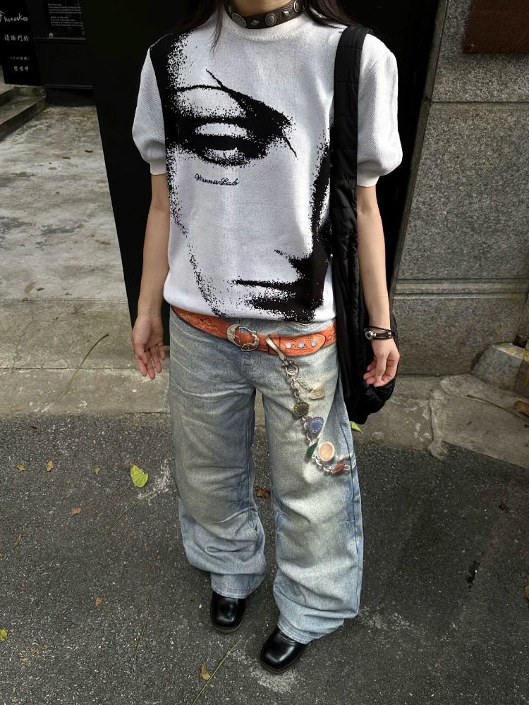 Teresa Big Sword Face Jacquard Regular Shoulder Knit Sweater Unisex American Retro Skin-Friendly Sweater Short Sleeve T-Shirt Summer