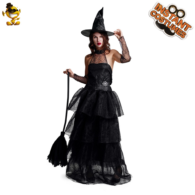 Transfronterizos Halloween Adultos Trajes de bruja Negro Sexy Trajes de fiesta de bruja COS Trajes de espectáculo