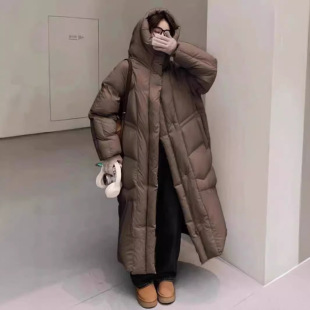 Milk Yellow Long Down Jacket Women's Winter 2023 New Super Long Over-knee Thickened Loose Hooded White Duck Down Jacket
