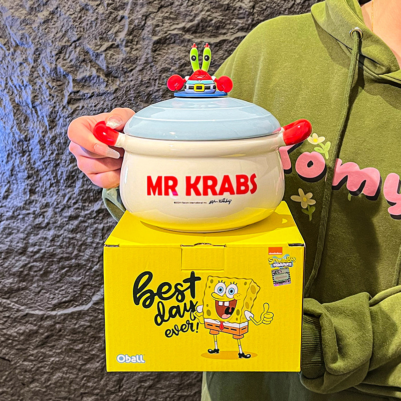 Spongebob ceramic instant noodle bowl explosion crab boss Patrick binaural cartoon large capacity doll cover ceramic bowl