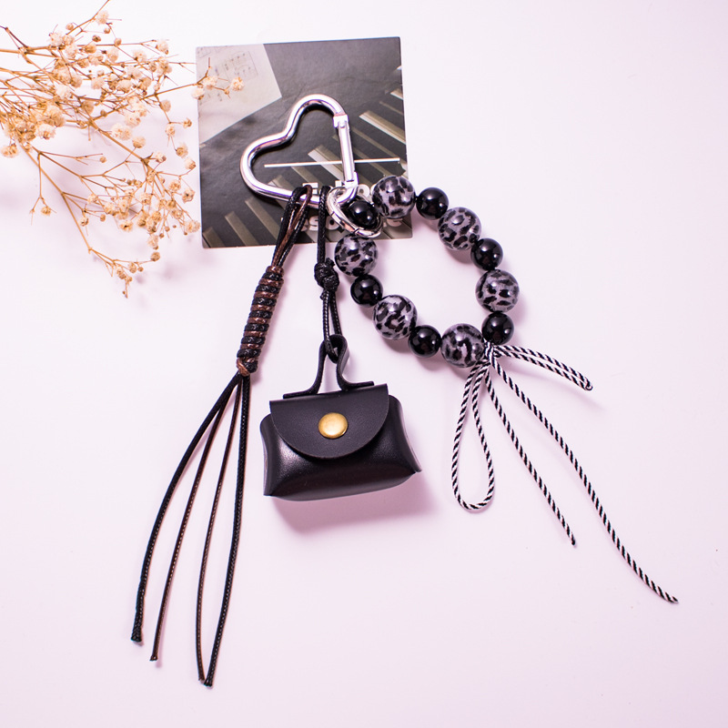 miu 小さくてかわいいレザー小銭入れキーホルダーペンダントヒョウ柄ビーズリボンバッグペンダント|undefined