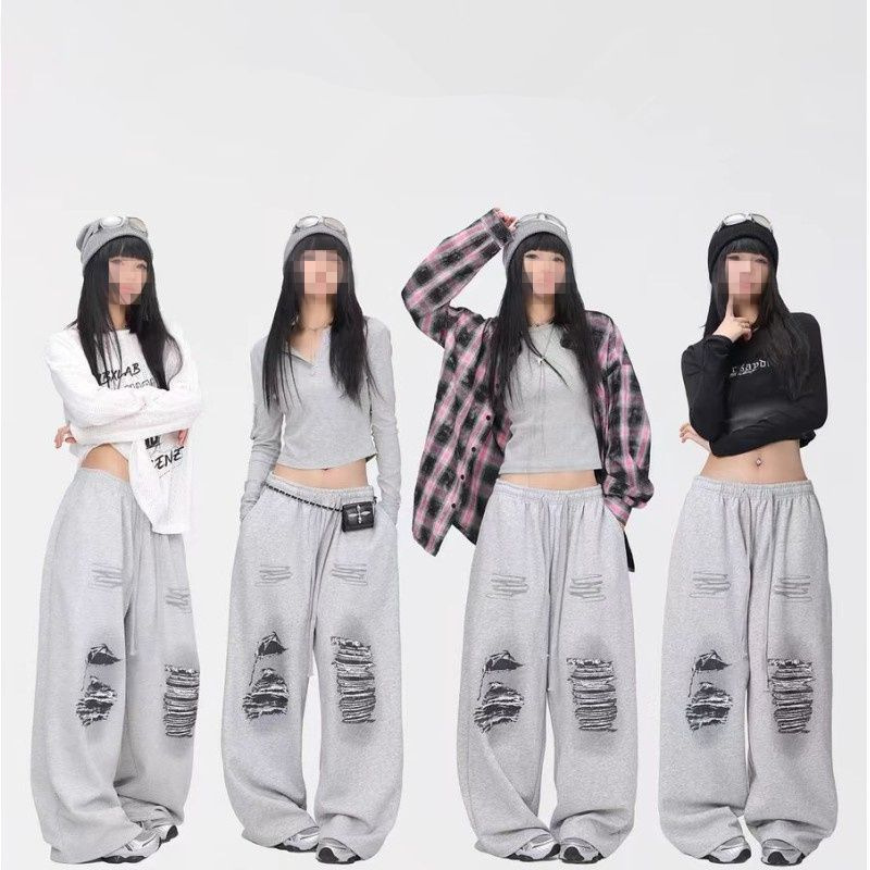 New drawstring hip-hop fashion brand gray "offset print hole pattern" hip-hop trousers street jazz vintage sports pants