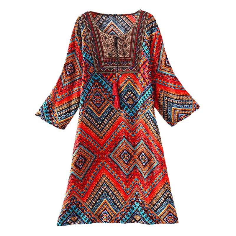 タイ風Aラインコットンワンピース、夏向け、クロスボーダーコットンシルクワンピース、アーティスティックレトロエスニック風婦人服