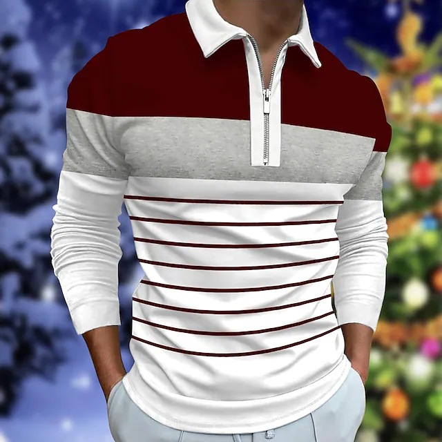 Herren Polo-shirt Langärmlig Mit Kontrastfarben Und Reißverschluss_voghion.com