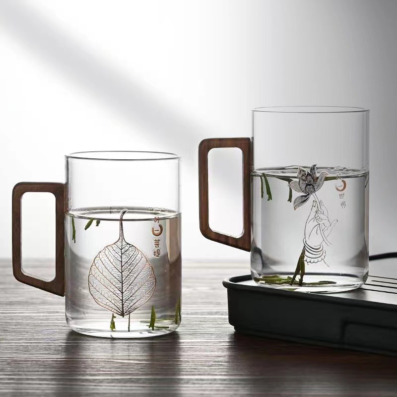 De gama alta taza de té verde mango de nogal taza de té verde con tapa de vidrio resistente a altas temperaturas Oficina taza de beber