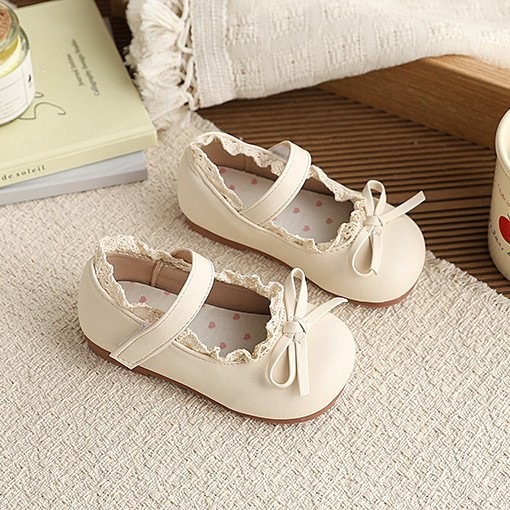 Girls Lace Trimmed Bow Leather Shoes Soft Soled Mary Jane Princess Style New Spring Autumn Versatile Kids Footwear_voghion.com
