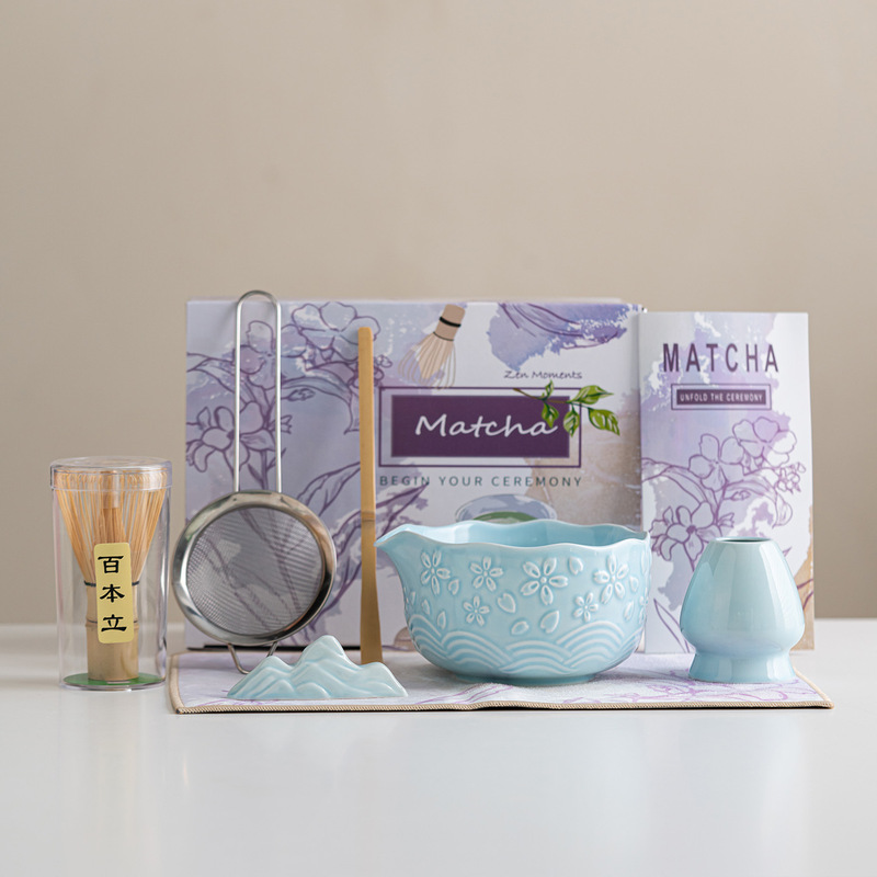 跨境樱花粉日式抹茶茶具套装7件套茶筅抹茶碗茶筅立百本立礼盒装|undefined
