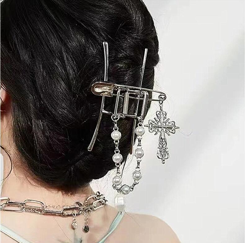 Fashion Chain Pearl Cross Metal Hairpin display picture 1