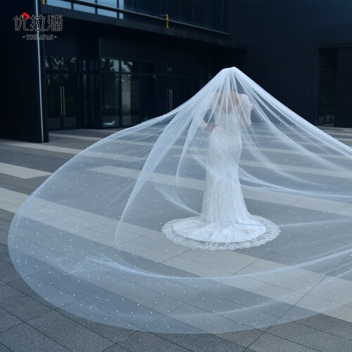 Youlapan pearl gauze wedding veil with long tail for wedding photography mesh veil with beads 3 meters wide V09