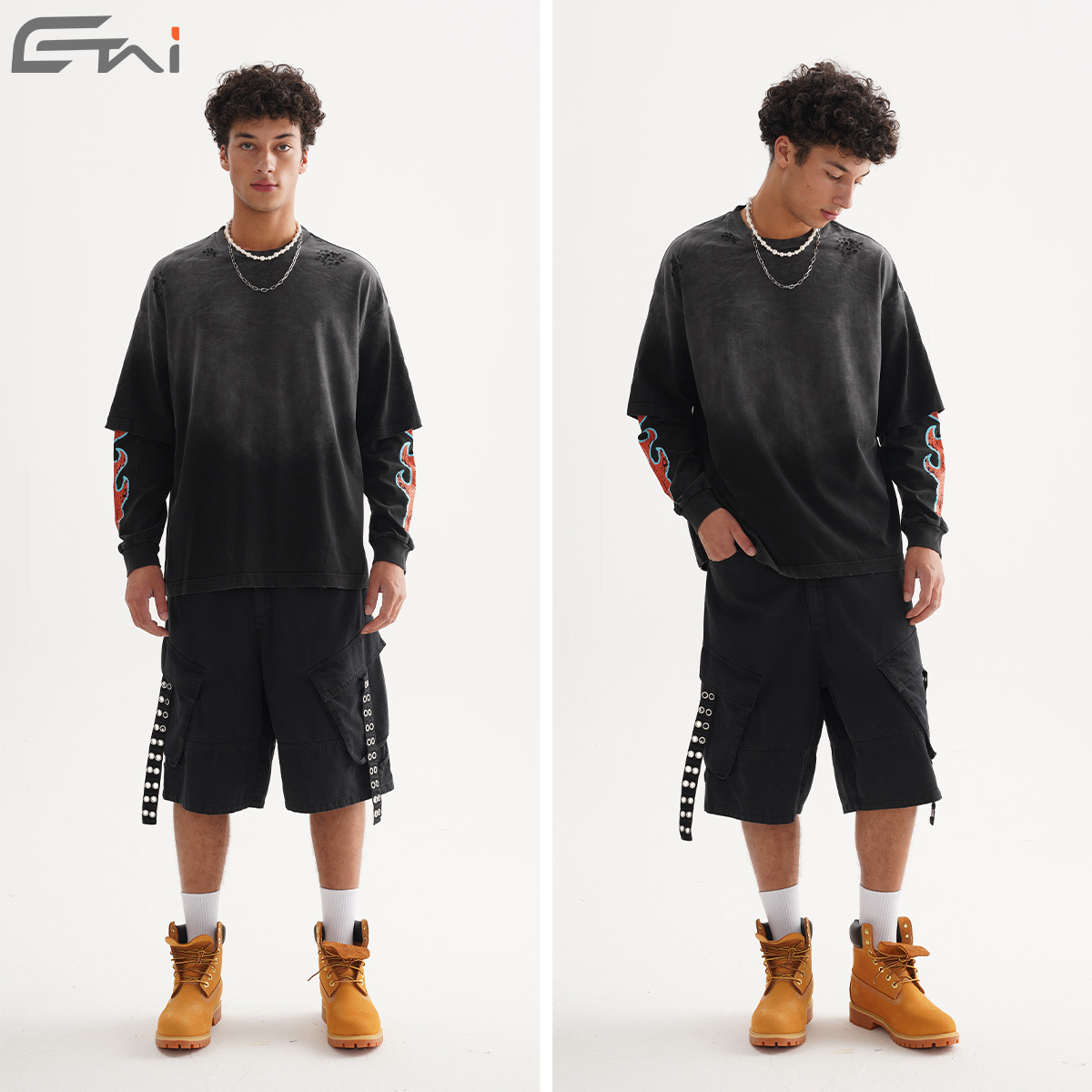 Primavera y otoño hombres falsos dos piezas estampadas mangas largas lavado con agua para hacer la vieja moda retro americano casual blusa pesada en el interior image 6