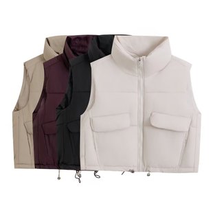Za Cross-Border Women's Clothing Wholesale European Autumn and Winter New Cotton Vest Women's Stand-Up Collar Fashionable Versatile Zipper Cotton Vest