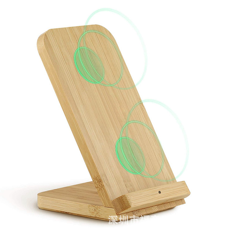 Universal Bamboo Wood 10W Wireless Charger for Mobile Phones, Safe Fast Charging, Ipai Stand, Desktop Vertical Charging