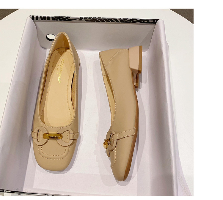 Zapatos de tacón alto de una pieza de cuero genuino para mujer, boca poco profunda, punta cuadrada, tacón grueso, zapatos individuales retro franceses, charol, metal, otoño_voghion.com