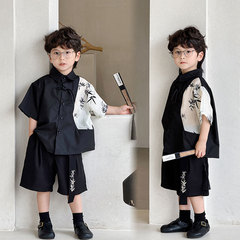 男の子用シャツ 2025年夏 韓国風 子供用半袖 おしゃれ 竹の葉柄 黒の切り替えシャツ 子供服 一件代発