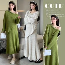 孕妇装秋冬季套装2025新款温柔时尚孕妈高级穿搭毛衣半身裙两件套