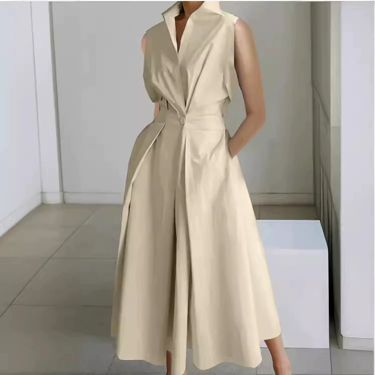 Европейское и Американское трансграничное платье 2024 Летняя новая пригородная мода сплошной цвет V-образный вырез Женское платье на пуговицах