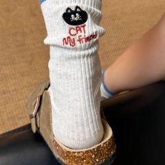 秋季刺绣小猫与鱼中筒袜子女士早秋卡通可爱风亲肤潮流新款堆堆袜