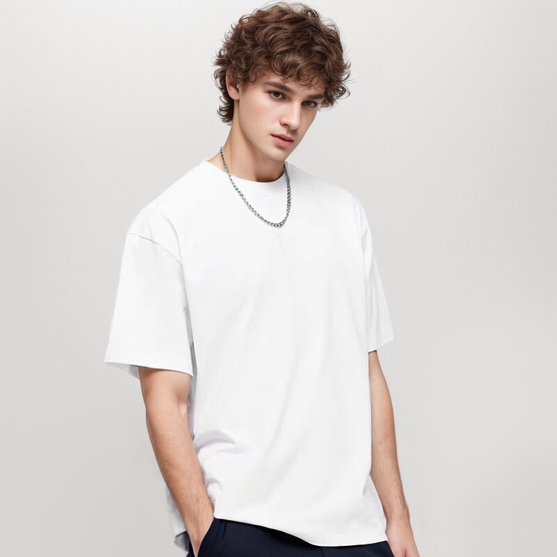 2024 European Size Cross-Border Pure Cotton Round Neck Short-Sleeved T-Shirt 220g Combed Cotton Loose Wide Collar Pure Color Men's T-Shirt