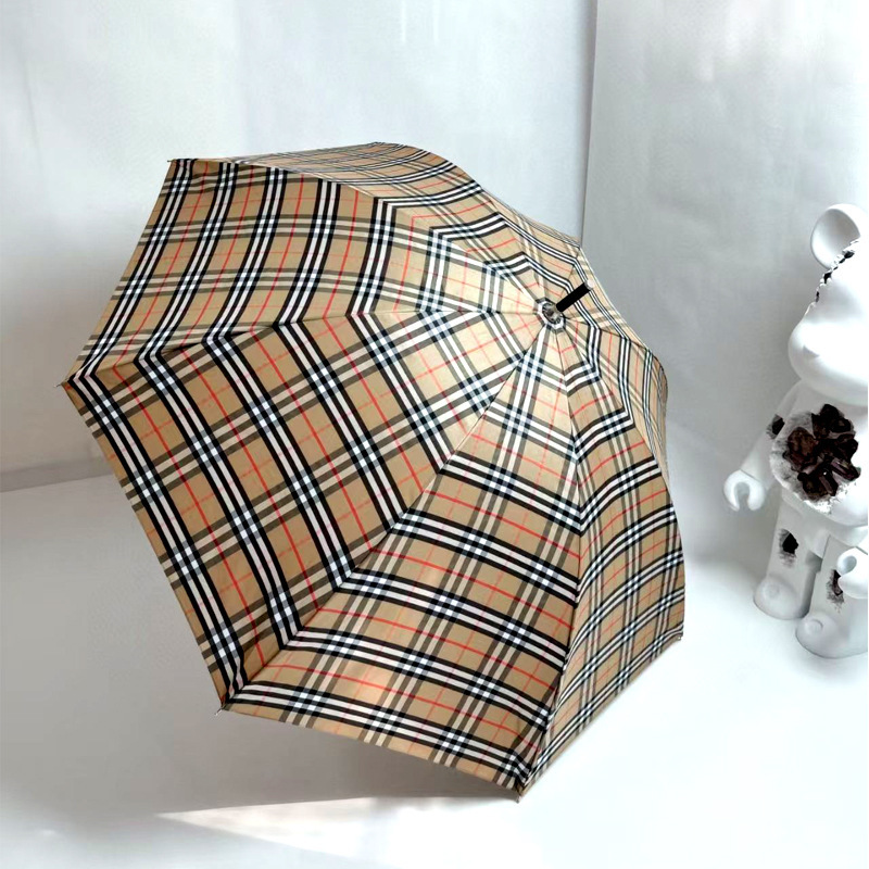 Long-Handled Brand Umbrella with Plaid Fabric, Genuine Leather Handle, Sunshade and Sun Protection, High-End Gift, Dual-Use for Sun and Rain