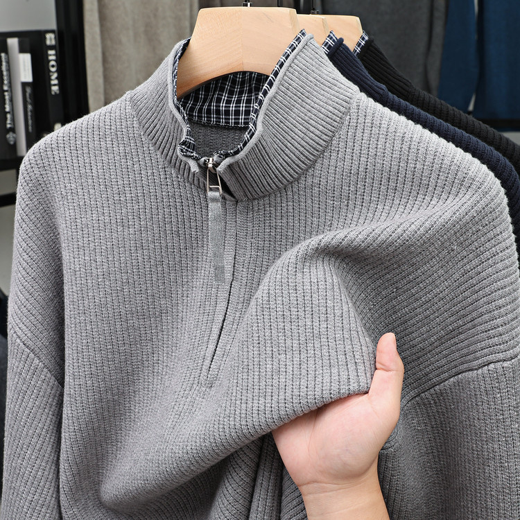 2025 Trendy Rolled-Edge Patchwork Stand Collar Half-Zip Knit Sweater Casual Fashion Men's Pullover Versatile Jacket 2025 Trendy Rolled-Edge Patchwork Stand Collar Half-Zip Knit Sweater Casual Fashion Men's Pullover Versatile Jacket