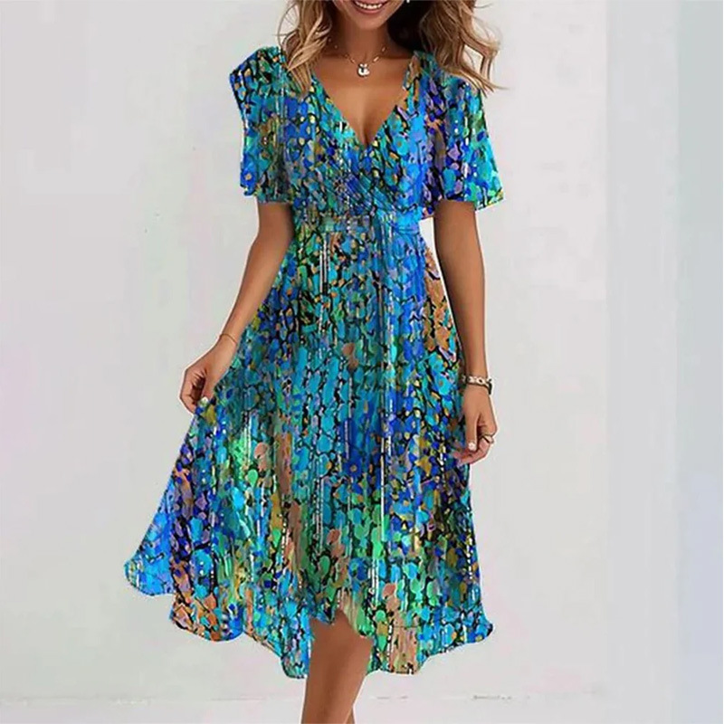 2024 New Cross-border E-commerce Amazon Loose Leisure Shuya V Collar Floral New Hot Selling Printed dress