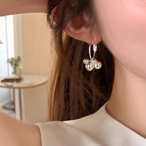 Silver Beaded Ball Pendant Earrings for Women - Unique and Niche Design, 2025 New Arrival Minimalist Style, Versatile Ear Accessories