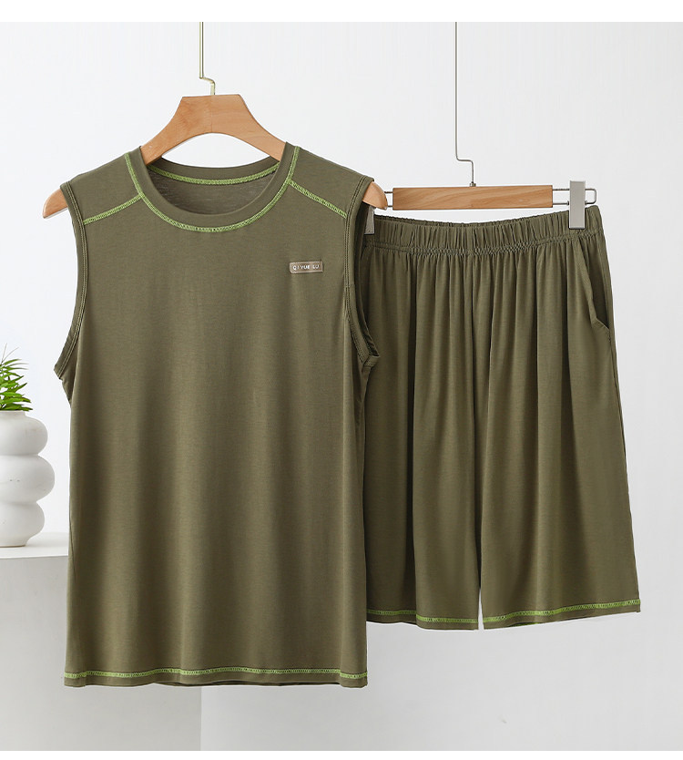 Herr modal linne set ärmlös tvådelad sommarpyjamas för män_voghion.com