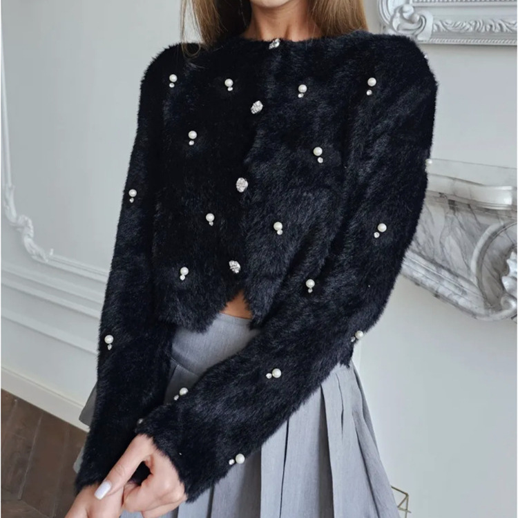 秋冬新款钉珠针织衫毛衣女外套跨境小香风气质短款仿水貂镶钻开衫