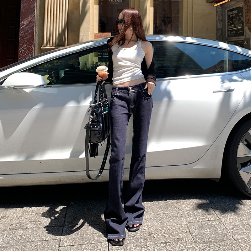 American-Style Dark Blue Flared Jeans for Women, 2025 Autumn New Low-Waist Slim-Fit Drapey Bell-Bottom Pants