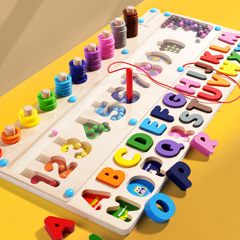 Número magnético de madera infantil conteo de color clasificado columna de bloque de log tablero de transporte de lápiz laberinto juguetes de tablero de marcha