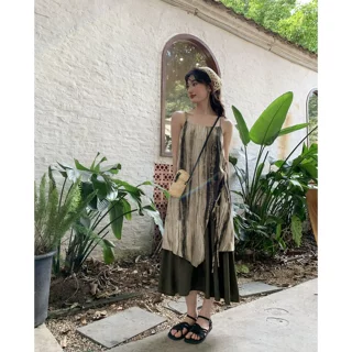 扎染风假两件吊带长裙女夏季新款设计感宽松显瘦连衣裙