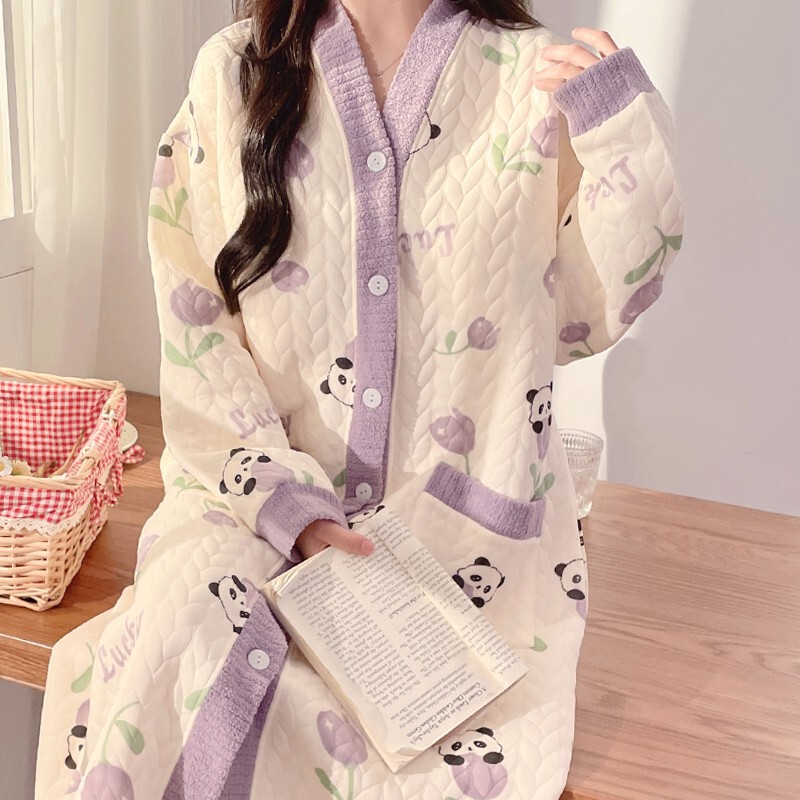 Lunar Clothing Spring and Autumn Air Cotton Postpartum Lactation Dress with Chest Pad Pregnant Women's Nightgown Winter Maternal Feeding