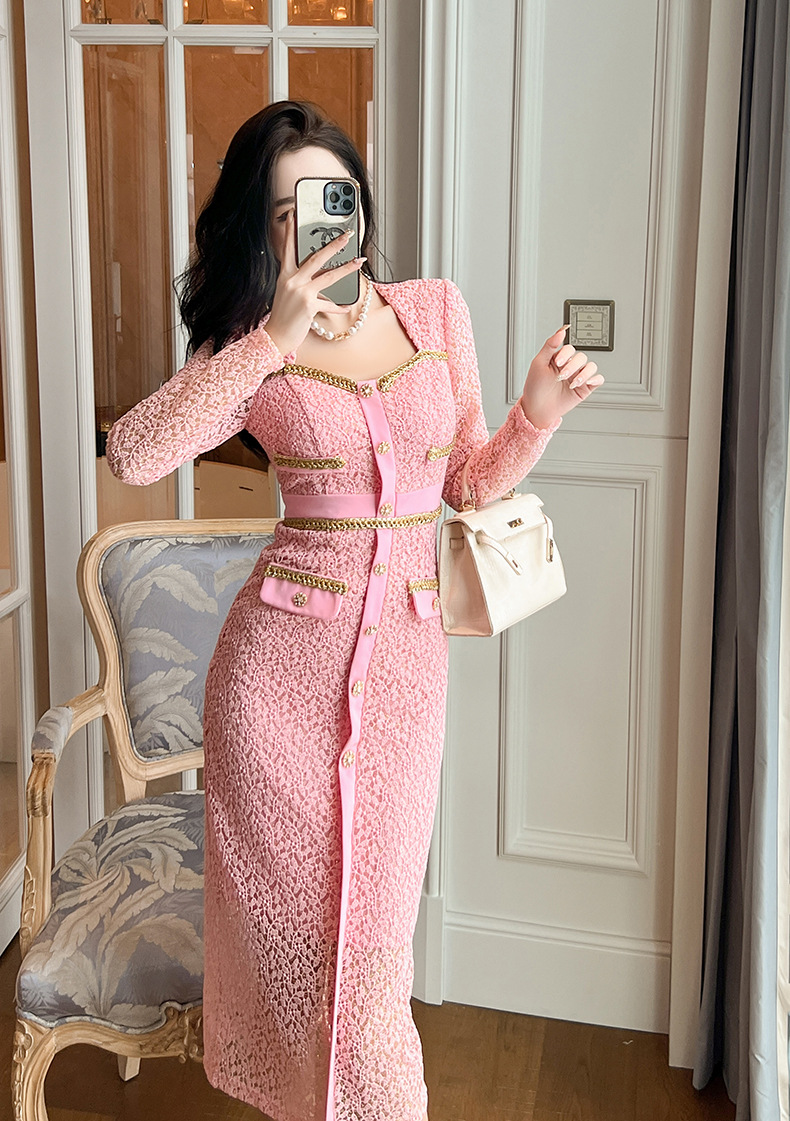 2025 Spring New Women's Square Collar Single Breasted Chain Slimming Lace Dress | eBay 2025 Spring New Women's Square Collar Single Breasted Chain Slimming Lace Dress | eBay