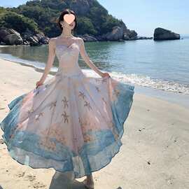 余音岛屿法式晕染海岛度假印花吊带连衣裙气质长裙子图片色醋酸缎