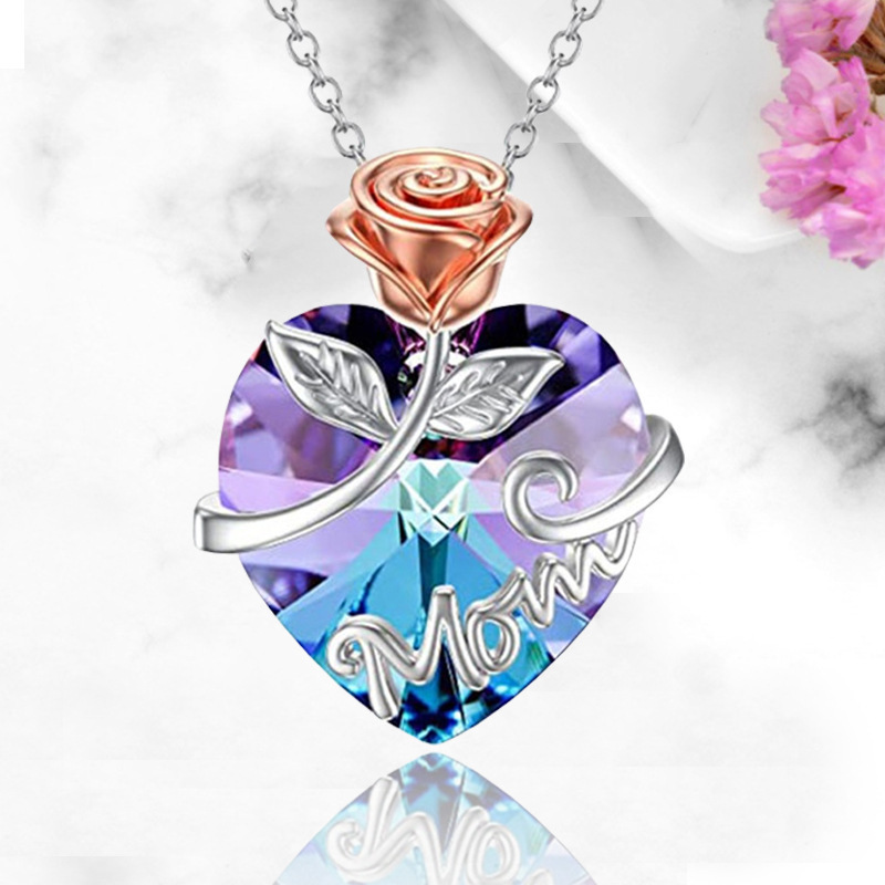 New love roses heart-shaped necklace female MOM day crystal pendant jewelry