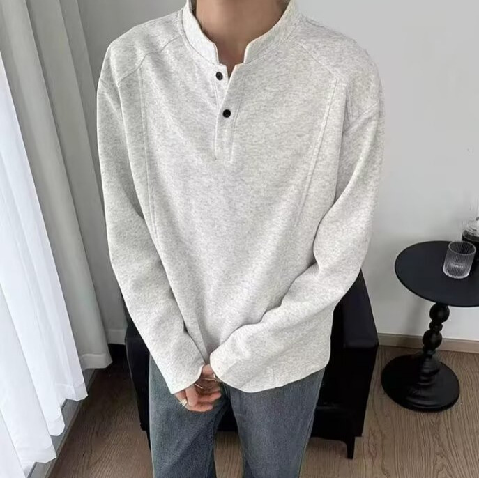 Men's Henry Collar Long Sleeve T-shirt, New Autumn American Style, Trendy Loose Fit, Versatile Patchwork Design, Casual Top, Affordable Men's Henry Collar Long Sleeve T-shirt, New Autumn American Style, Trendy Loose Fit, Versatile Patchwork Design, Casual Top, Affordable